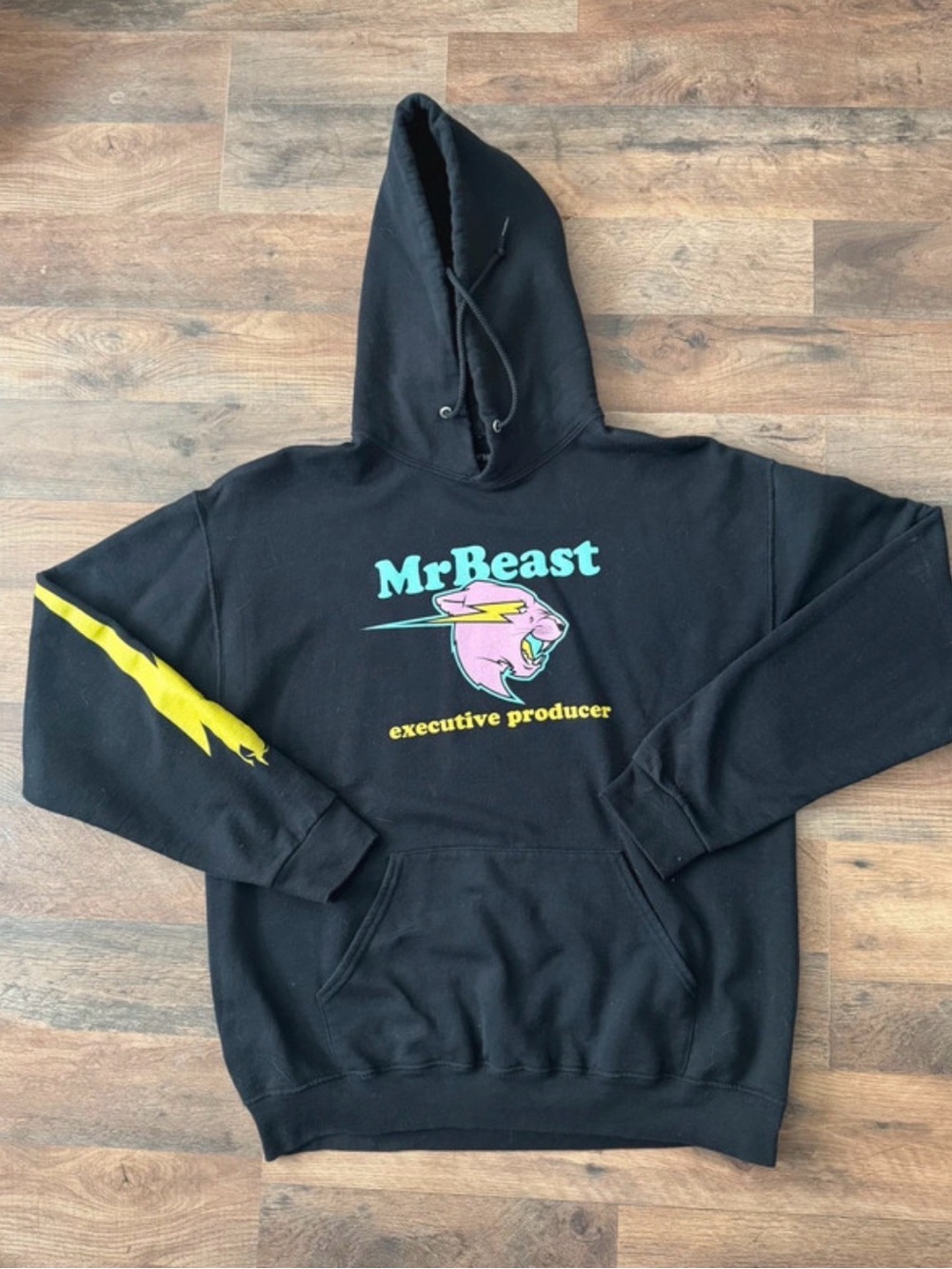 Black Pullover Hoodie with Yellow Sleeve Accent